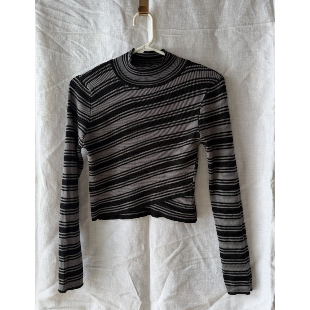 LU‎ NYC Ribbed Crop Top Womens XL Black Gray Striped Mock Neck Y2K